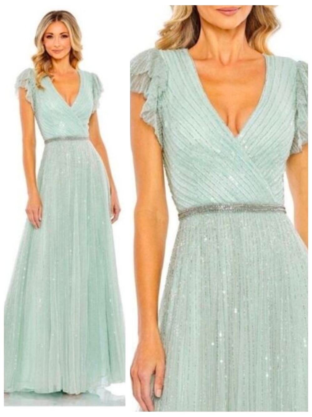 Mac Duggal 5502 Formal Sequin Beaded Seamist Green Evening Gown 8 Maxi Dress
